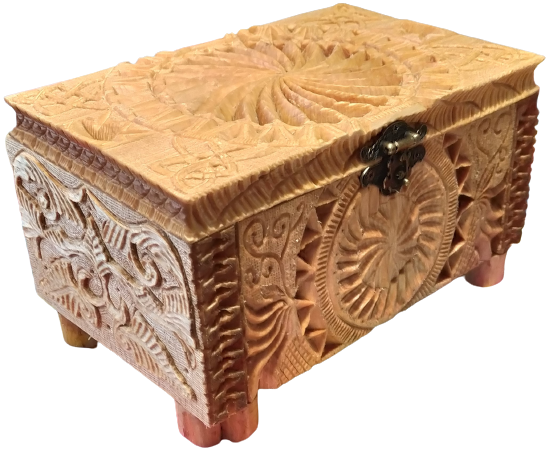 Linden jewelry box, olive feet, carved on all sides with Queyras motifs & inspired by Arcane Sculptures
