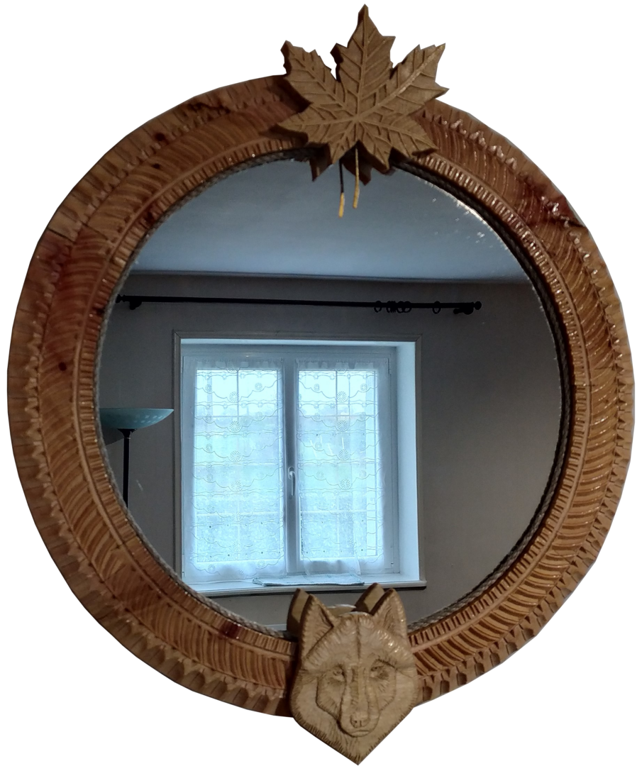 Stone pine and lime wood mirror decorated with woodcarvings inspired by Arcane Sculptures & Queyras art.