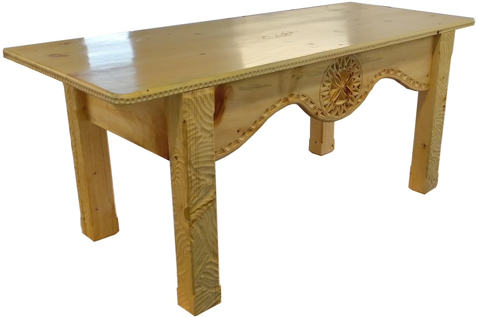 Carved low table in Stone pine, Queyras / Alpine art motifs & Arcane Sculptures inspiration.