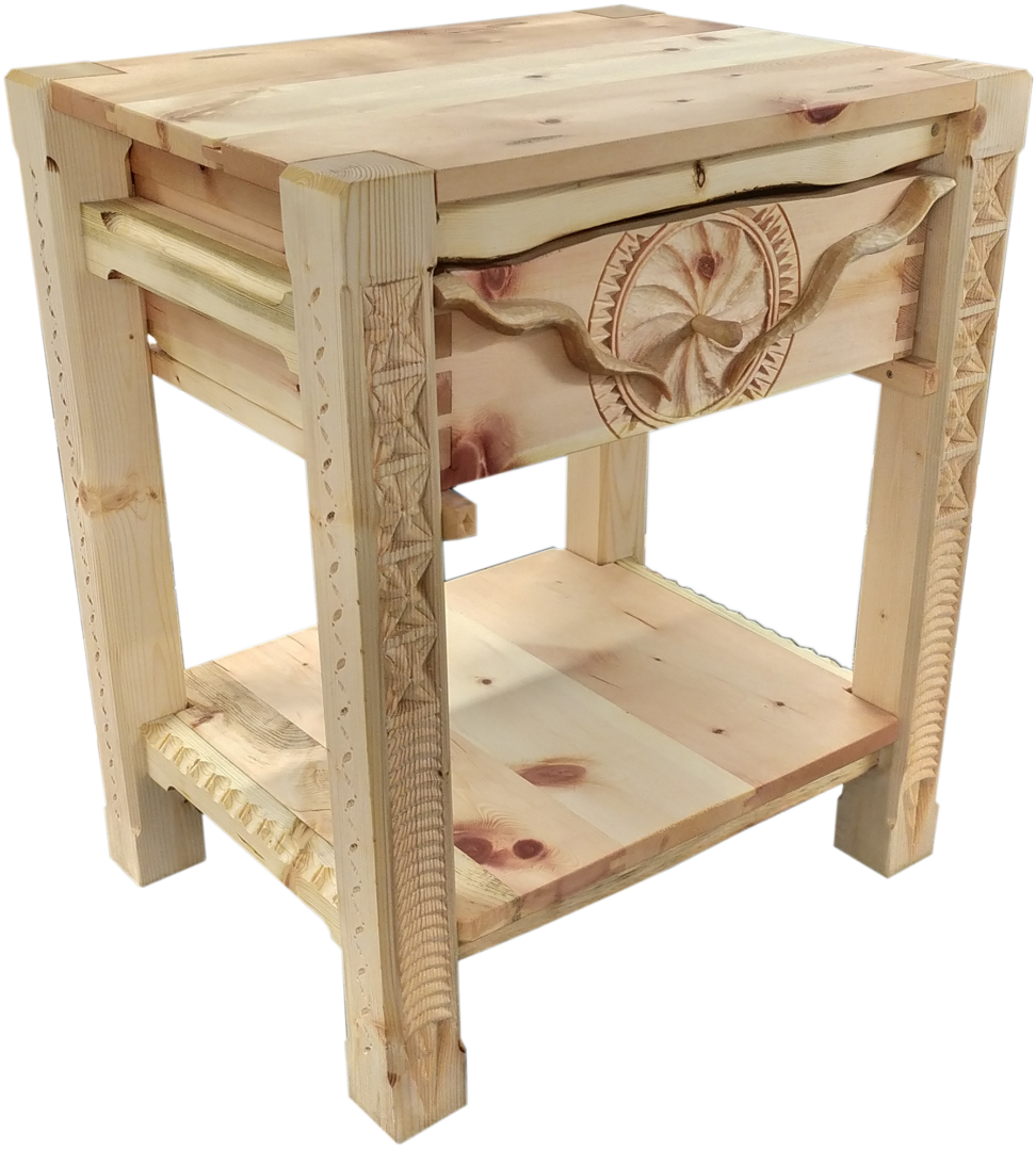 Carved and oiled nightstand / bedside in stone pine, fir & linden